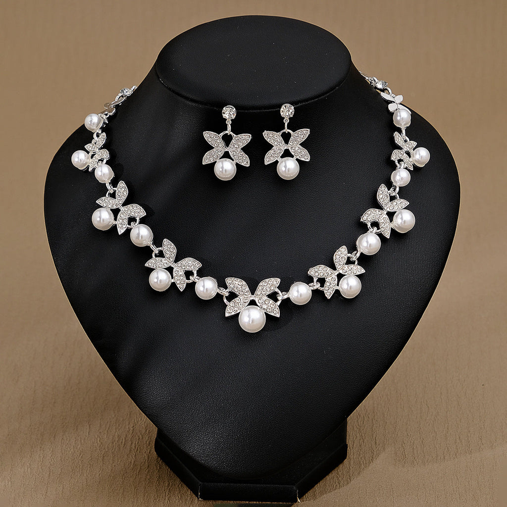 Rhinestone Pearl Earrings And Necklace Set Women