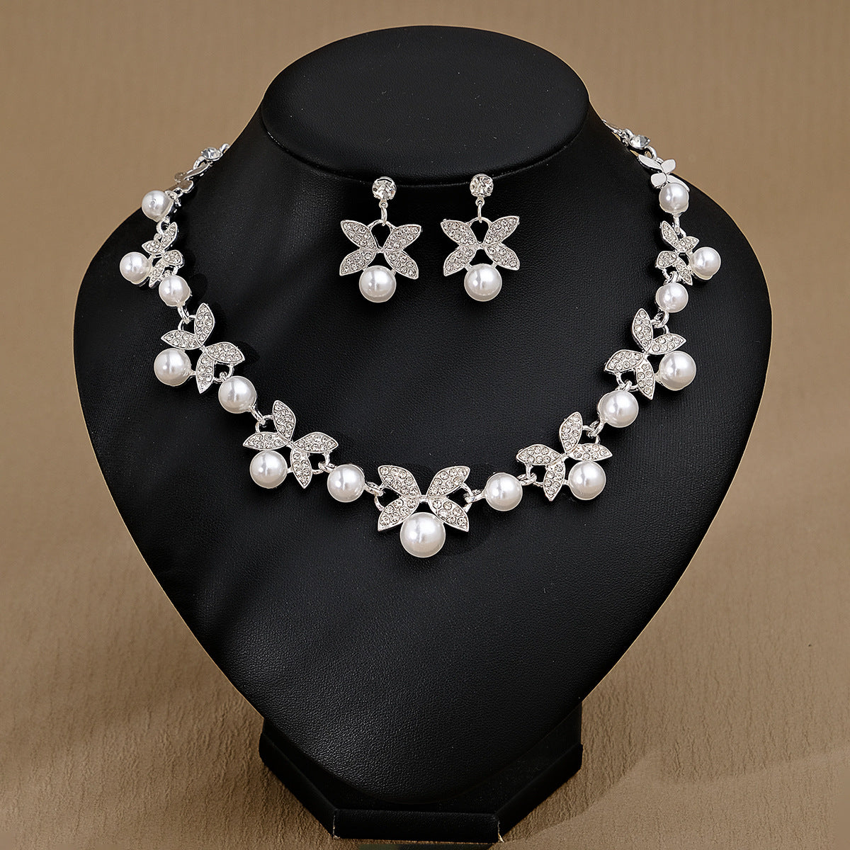 Rhinestone Pearl Earrings And Necklace Set Women