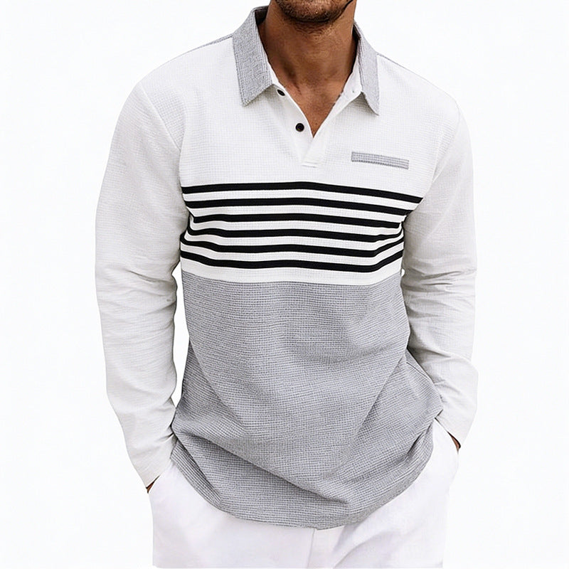 Men's Waffle-Weave Loose-Fit Casual Color-Block Striped Long-Sleeve