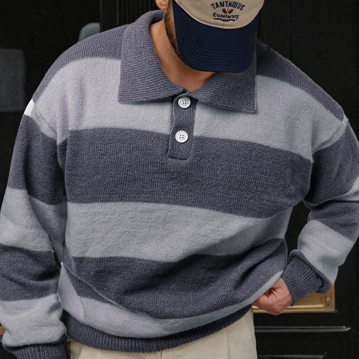 Mens Striped Knit Sweater With A Contrasting Color Collar
