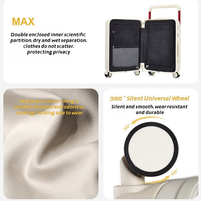 Wide Pull Rod Design Luggage Compartment, Front Open Lid, Stylish Large Capacity Luggage With Foldable Cup Holder And USB Interface