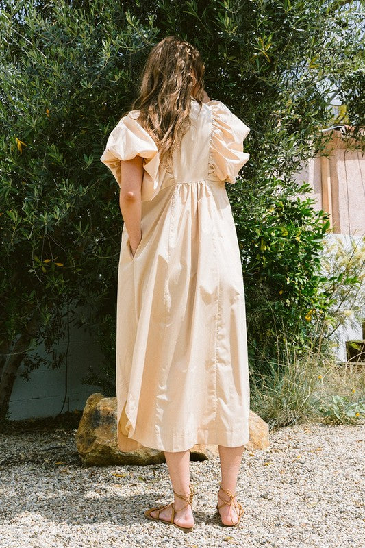 Smocked Puff Sleeve Midi Dress – Chic and Flattering Midi Dress with Puff Sleeves and Smocked Detailing for a Feminine Silhouette