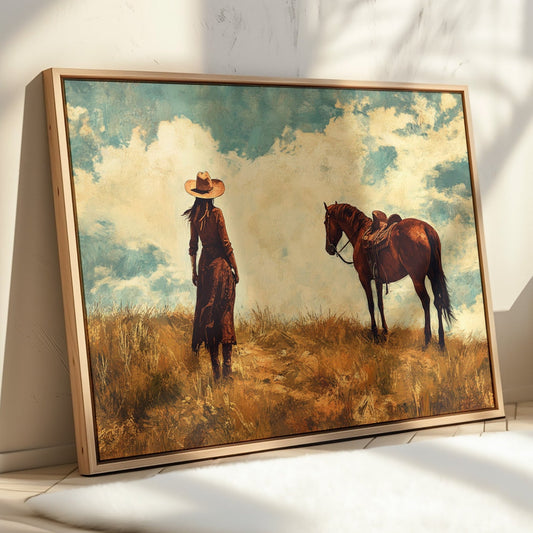 Cowgirl et cheval sous un ciel immense