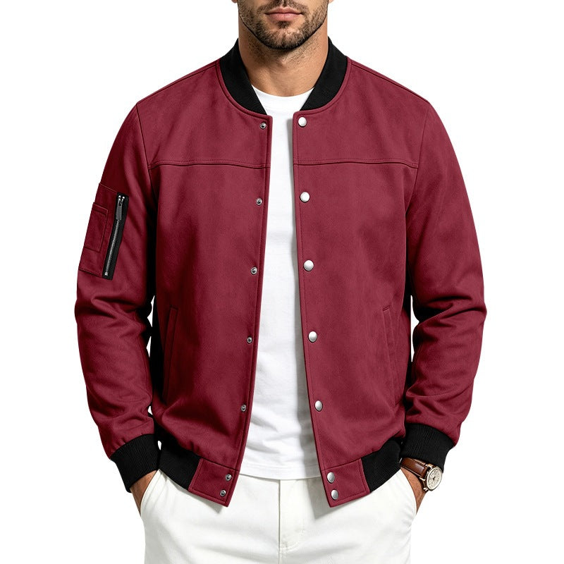 Mens Suede-Blend Casual Sporty Stand-Neck Jacket With Buttons