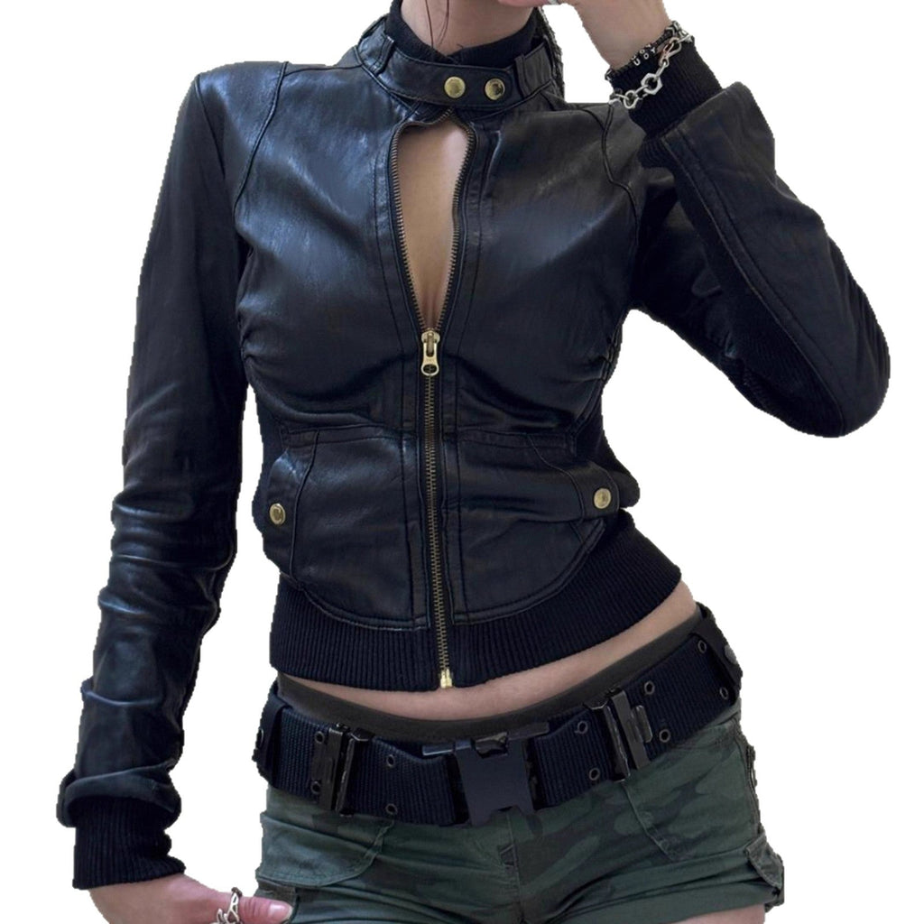 American Street Locomotive Style Waist Trimming Short Stand Collar PU Leather Jacket