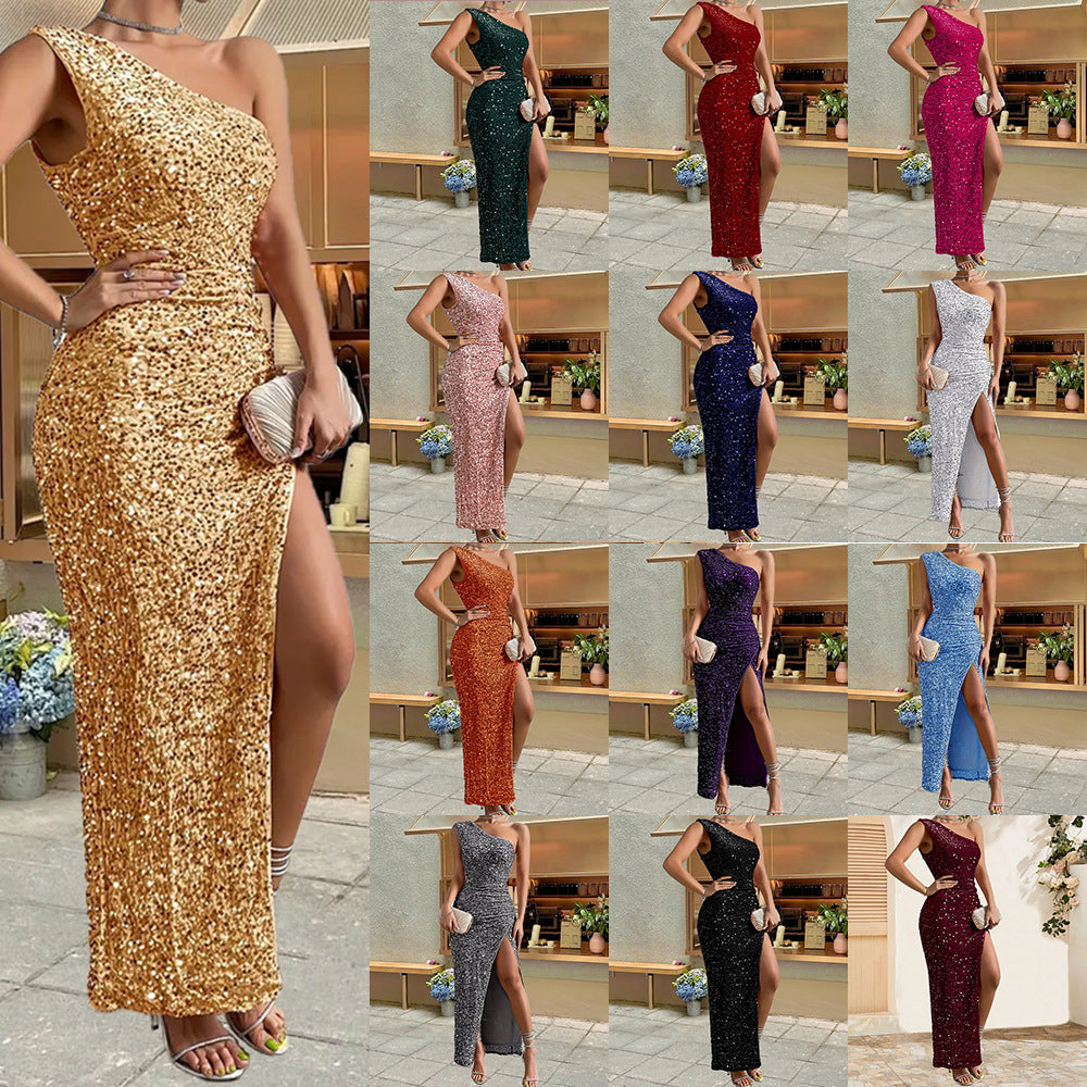 Elegant Sequined Shoulder Split Solid Color Dress Slim Club Party Dress Casual Asymmetric Sleeveless Long Dress