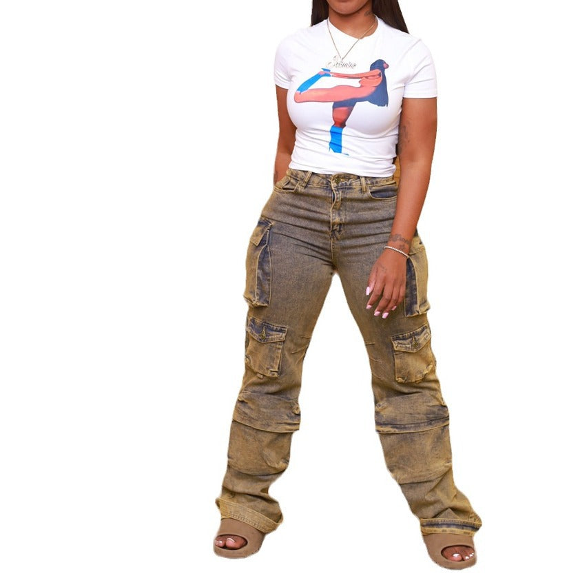 Workwear Style Distressed Washed Denim Jeans
