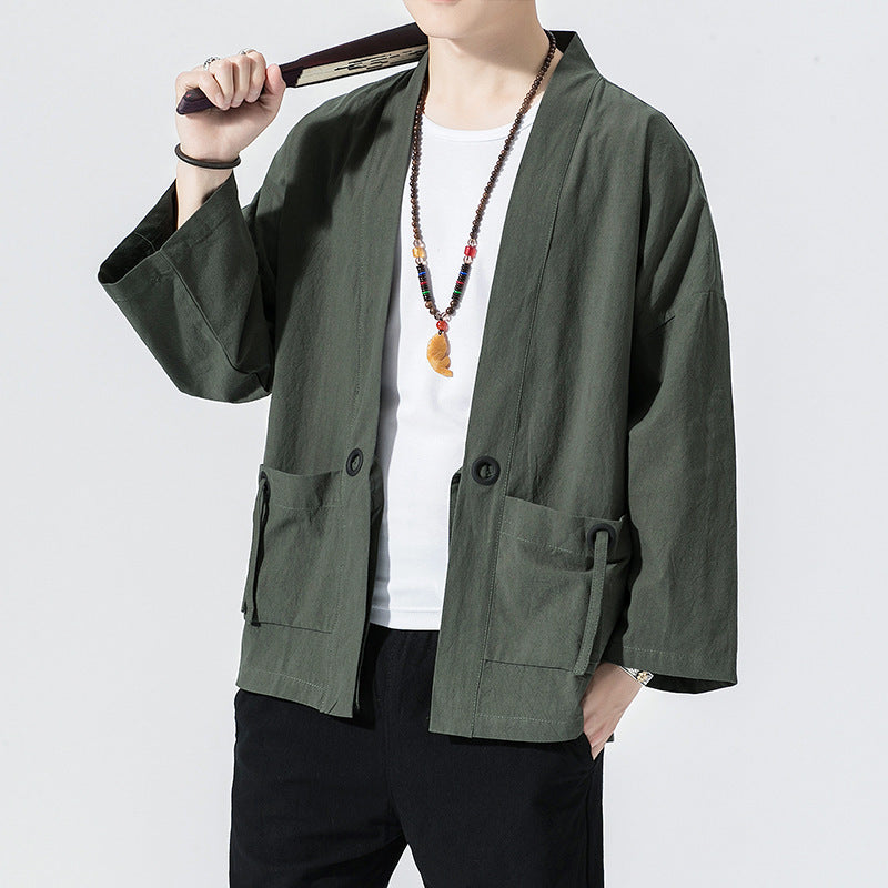 Chinese Style Cotton And Linen Cropped Sleeve Cardigan Baggy Coat Sun Protection Clothing