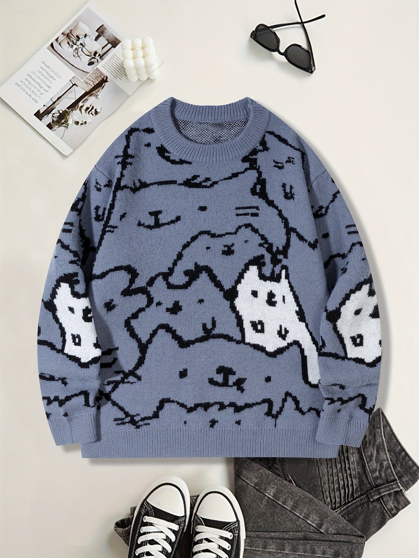 Mens Cute And Quirky Cat-print Knit Sweater