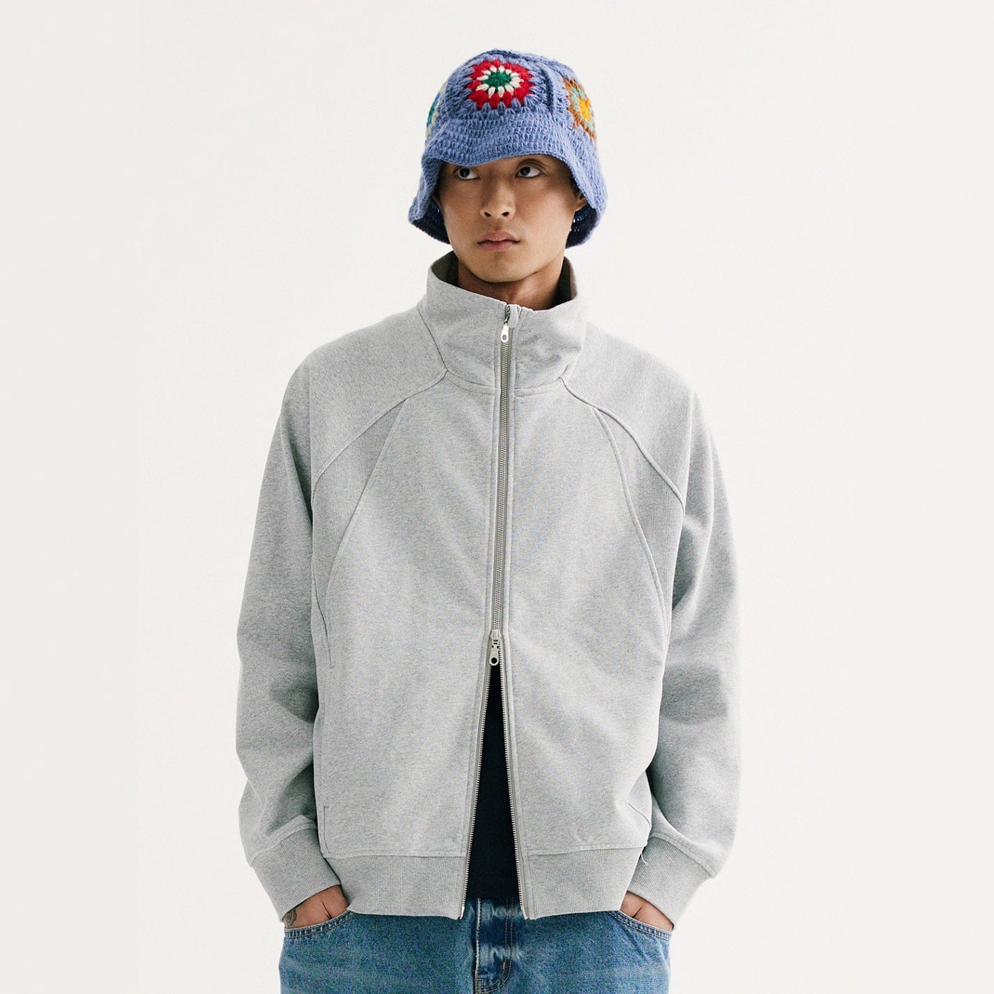 Retro Solid-color Curved-cut Stand-collar Zip-up Hoodie