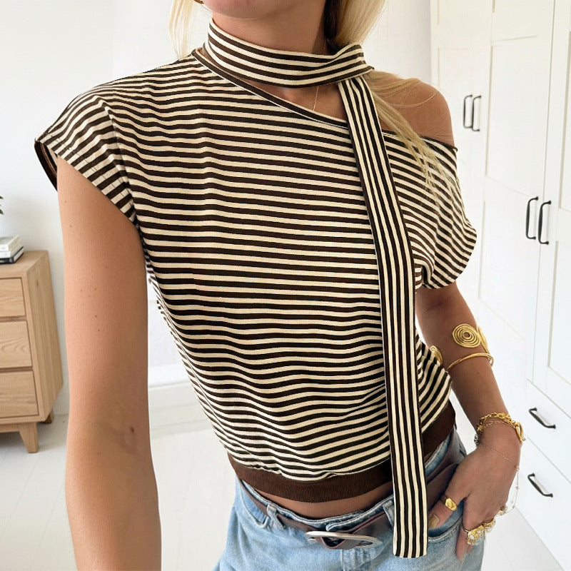 Asymmetrical Slanted-neck Striped T-shirt For Women