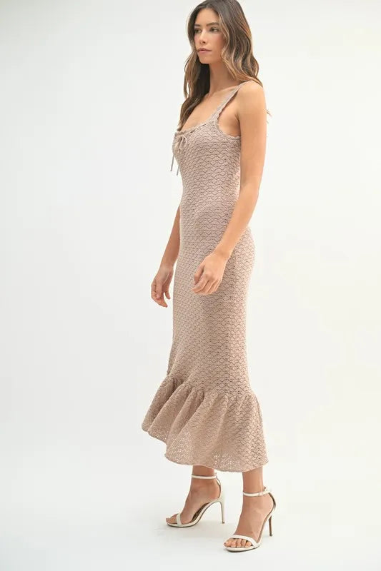Ruffled Hem Sleeveless Crochet Knit Midi Dress For Women – Crochet Knit Dress, Ruffled Hem Dress, Sleeveless Midi Dress, Summer Dress, Elegant Knit Dress