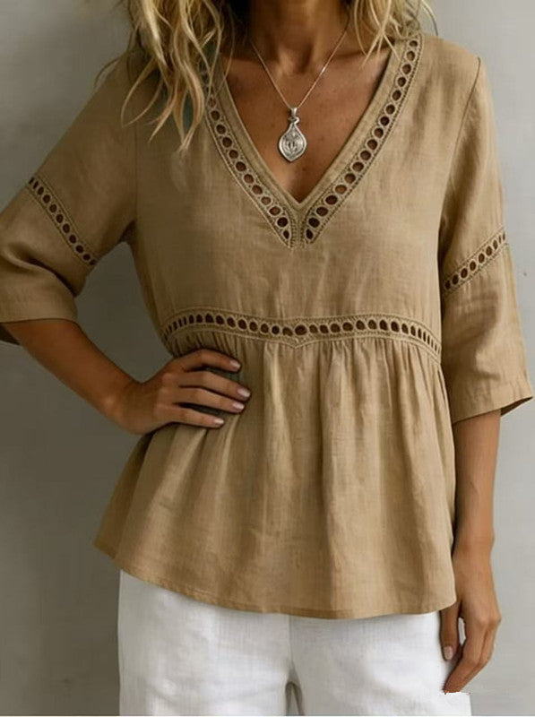 Women's V-Neck Hollow-Out Fringe Cotton-Linen Top