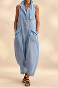Women's Cotton Sleeveless Cargo Jumpsuit – Wide Leg Multi-Pocket