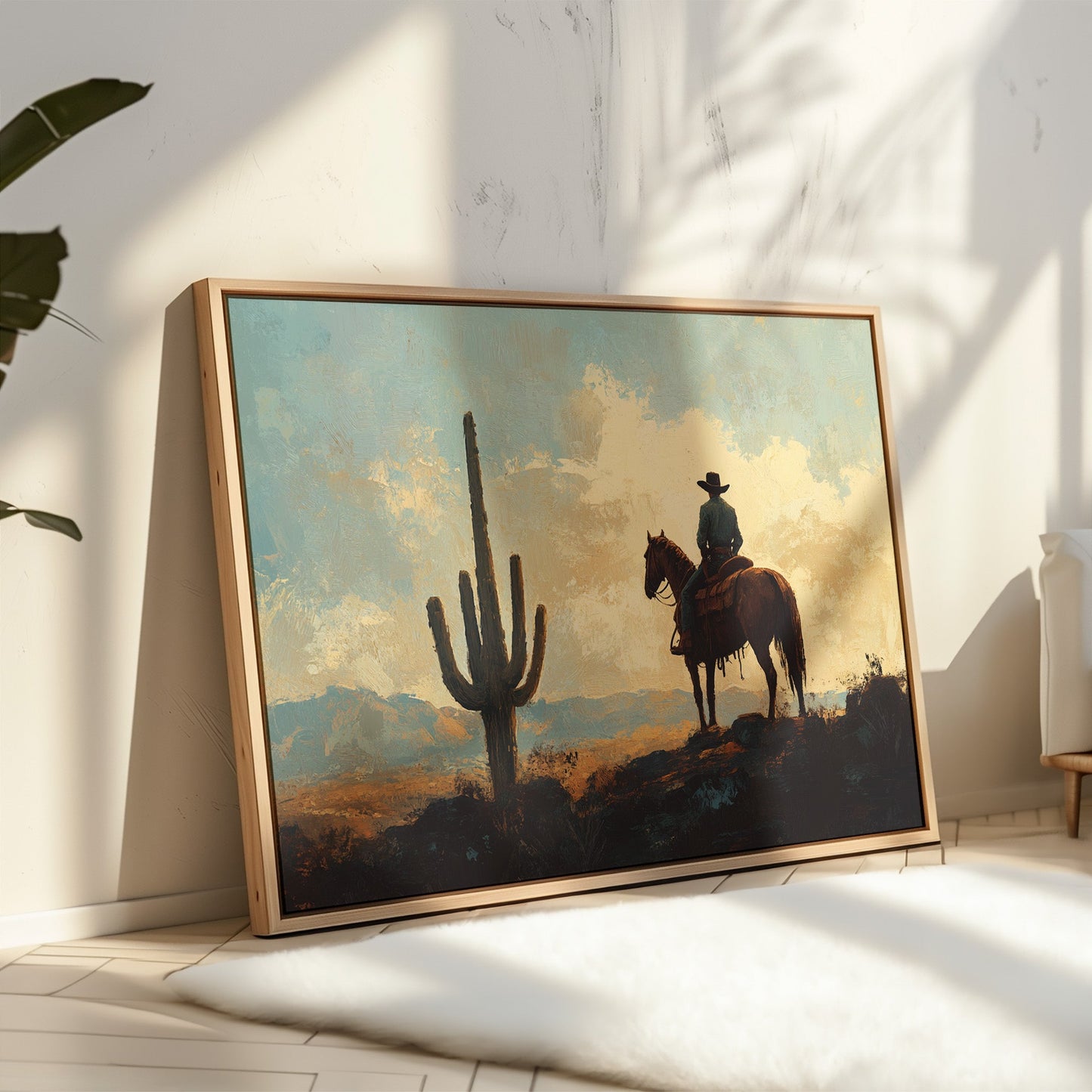 Cowboy-Sonnenuntergang bei den Saguaros