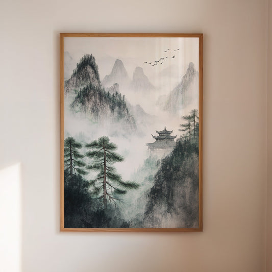 Paysage de montagne brumeux – Art mural zen chinois tranquille