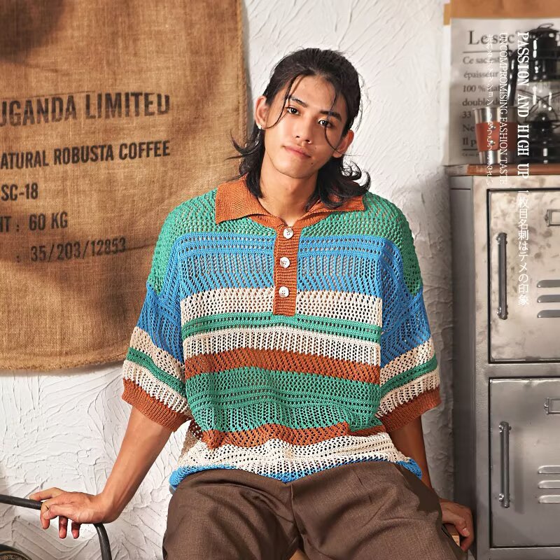 Color-block Striped Hollow-out Knit Retro Lapel T-shirt