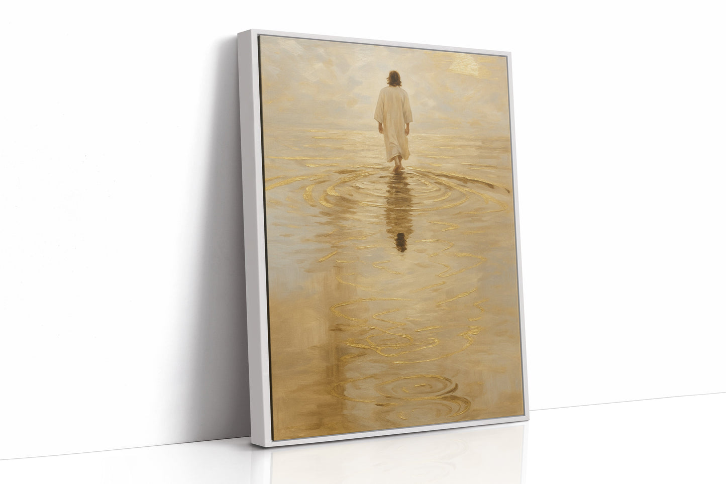 Goldenes Licht Jesus geht auf dem Wasser