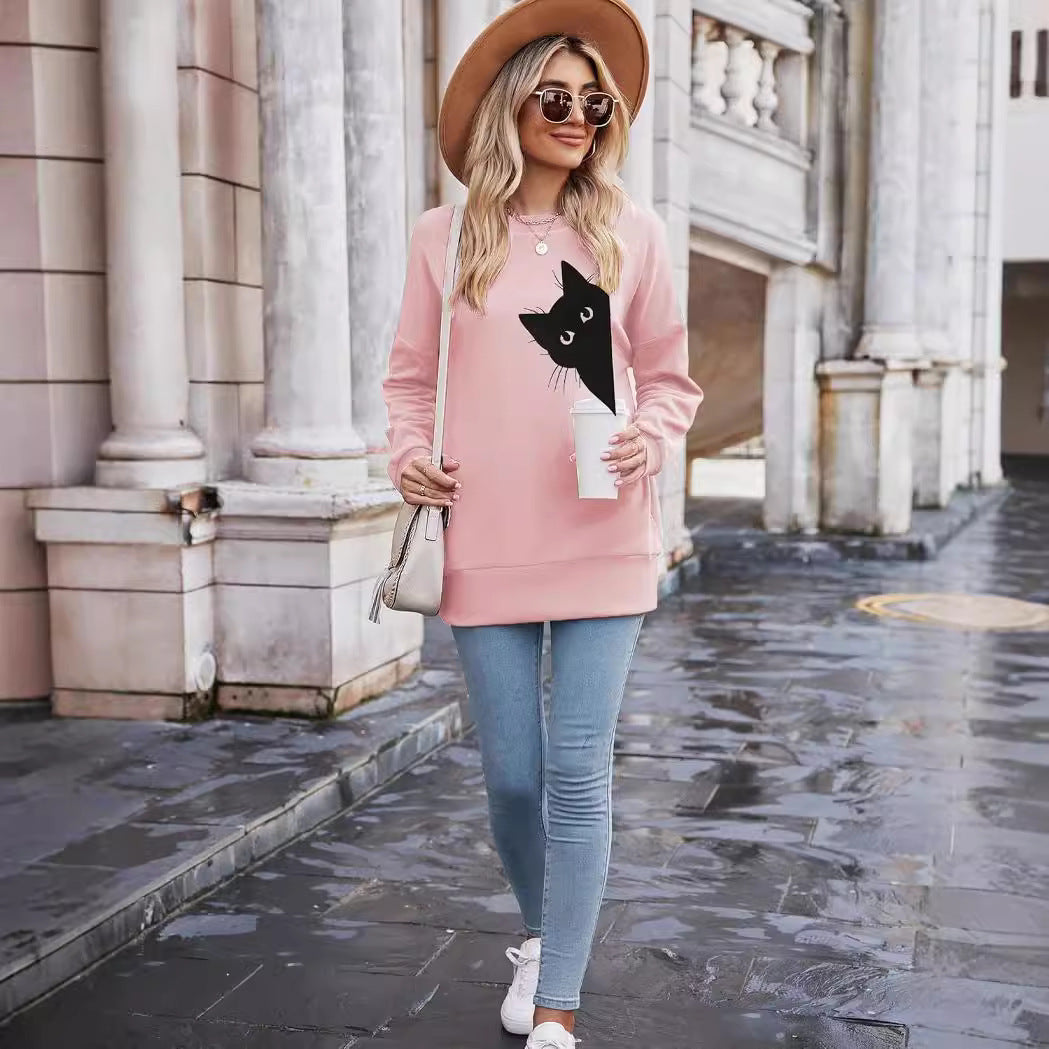 Womens Fashion Solid-color Crew-neck Long-sleeve Top