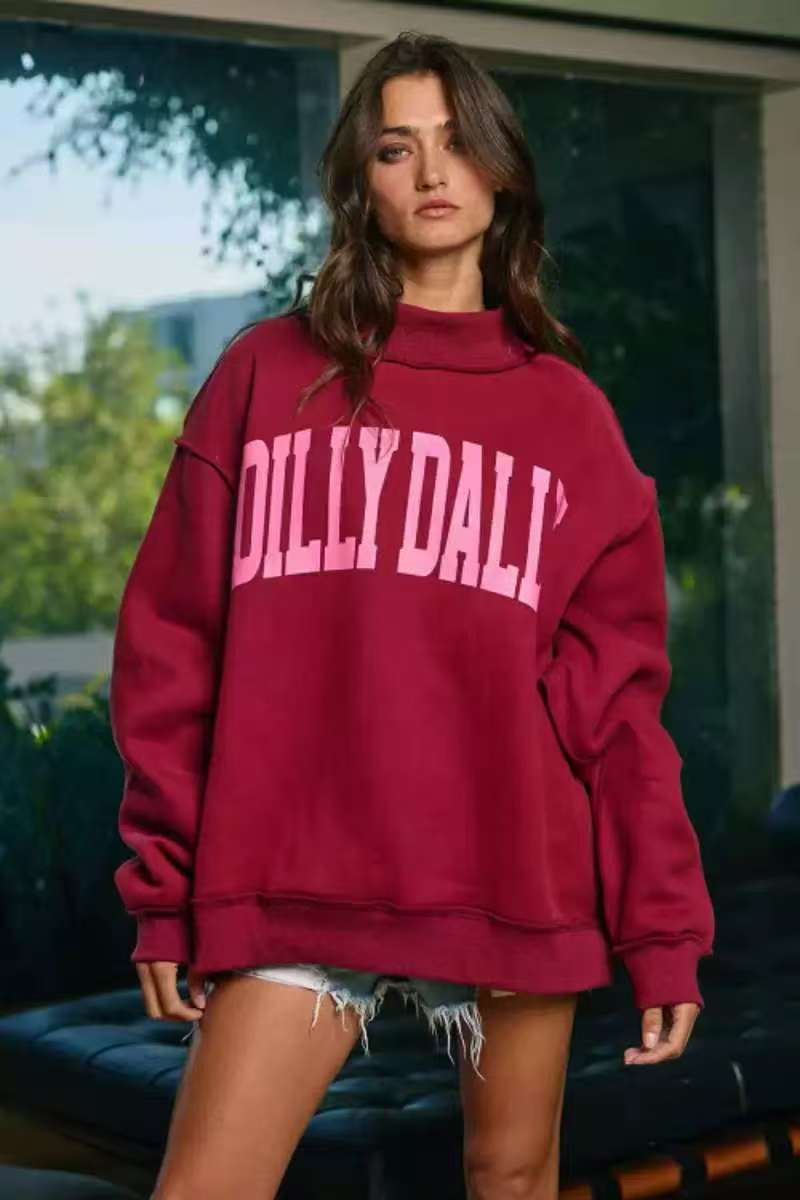 Printed Letter Crewneck Long-Sleeve Loose-Fit Versatile Sweatshirt