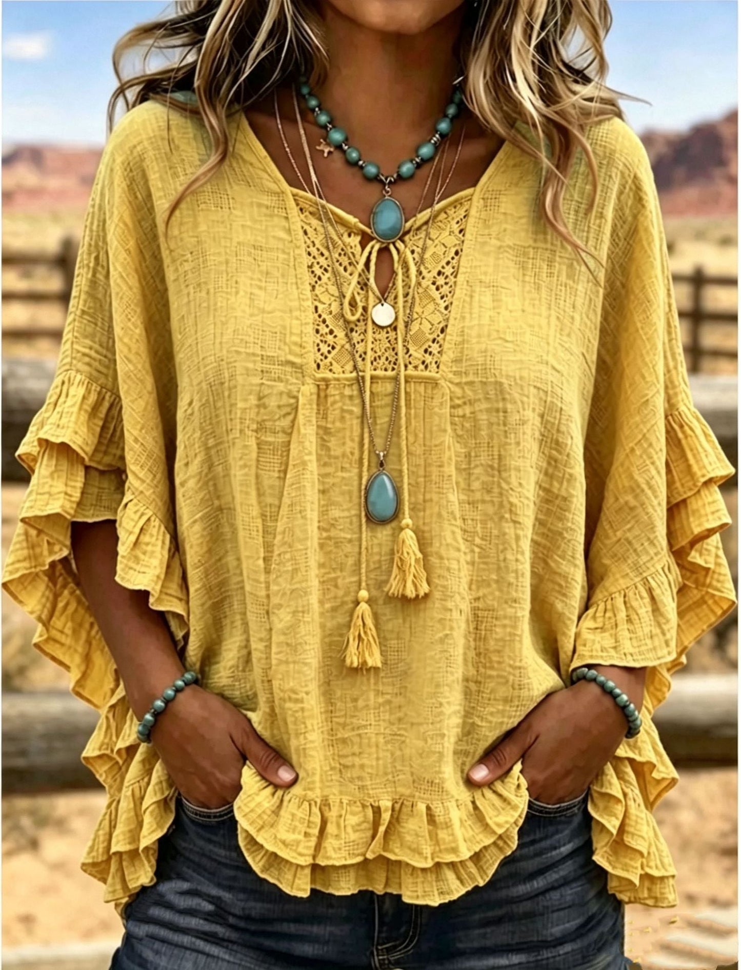 Women's Boho V-Neck Lace-Up Ruffle Sleeve Blouse – Lace Trim