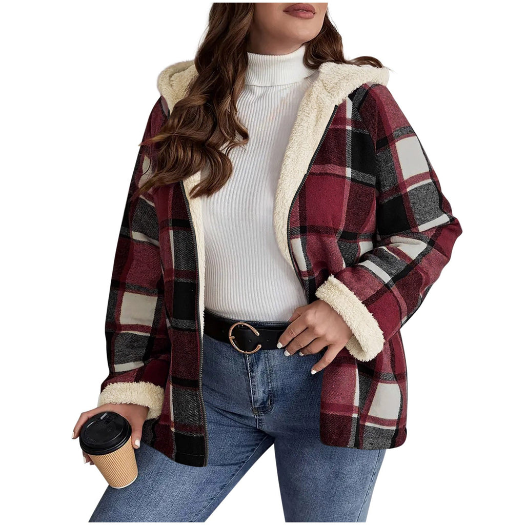 Plaid Printed Coat Fleece-lined Thickened Composite Hooded