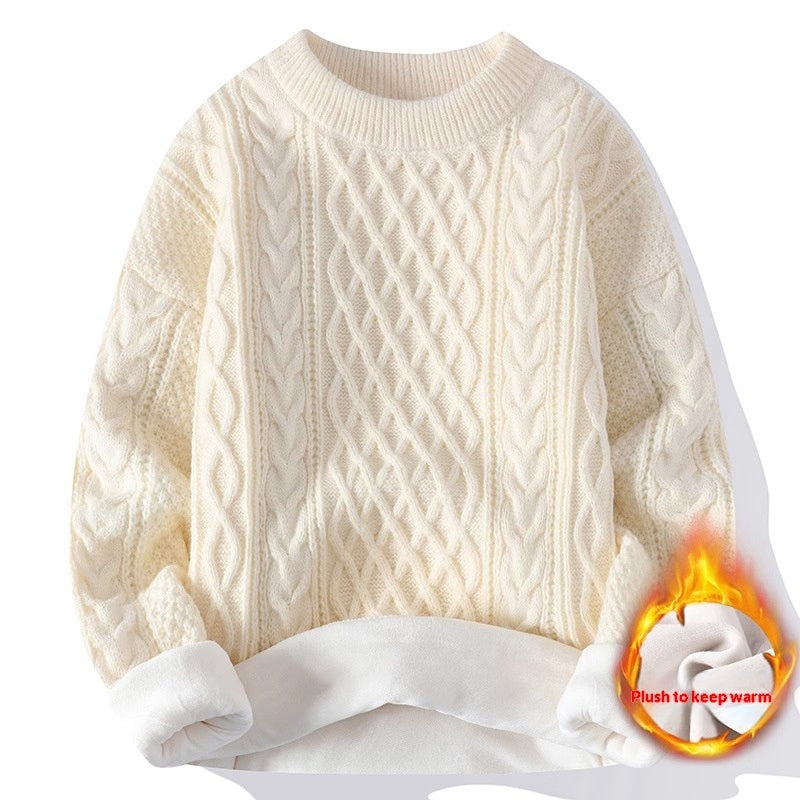 Round-neck High-neck Fleece-lined Solid-color Sweater