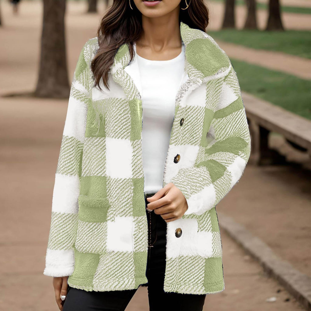 Women's Plaid Plush Button-Front Coat with Pockets