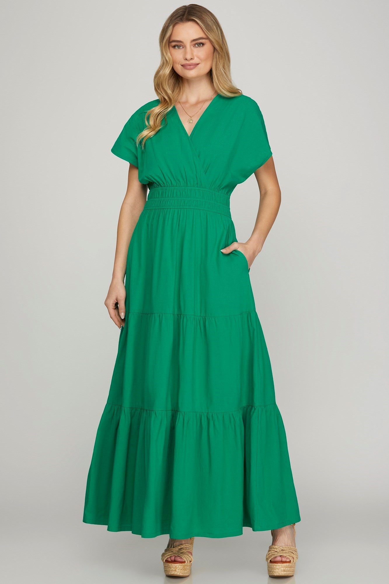 Surplice Short Sleeve Tiered Maxi Dress With Pockets For Women – Fluttering, Elegant and Versatile Maxi Dress with Surplice Neckline and Pockets