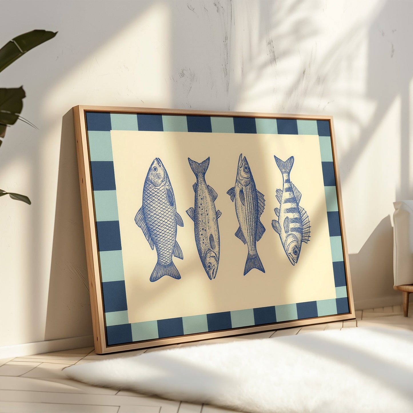 Quatuor de poissons vintage sur un damier bleu