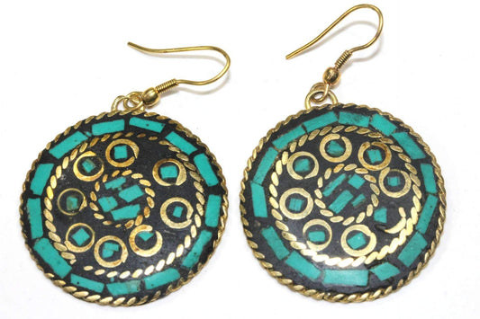 Handmade Mosaic Round Gold Tone Earrings With Color Inlay