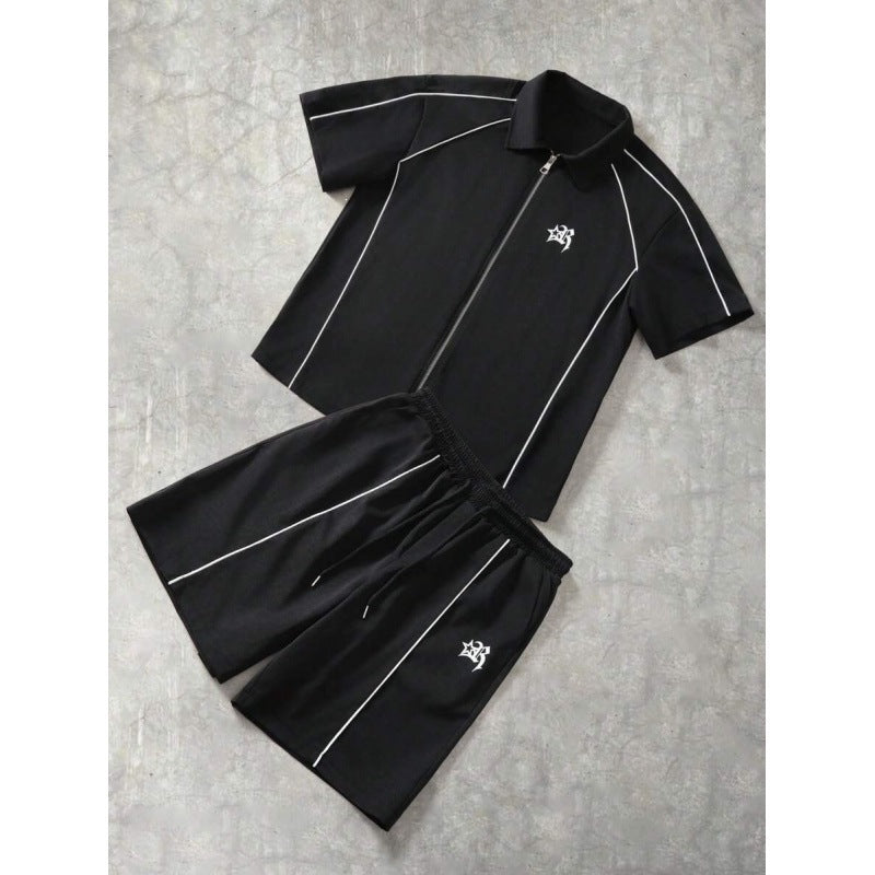 Striped Zip-front Short-sleeve Shirt And Shorts Set