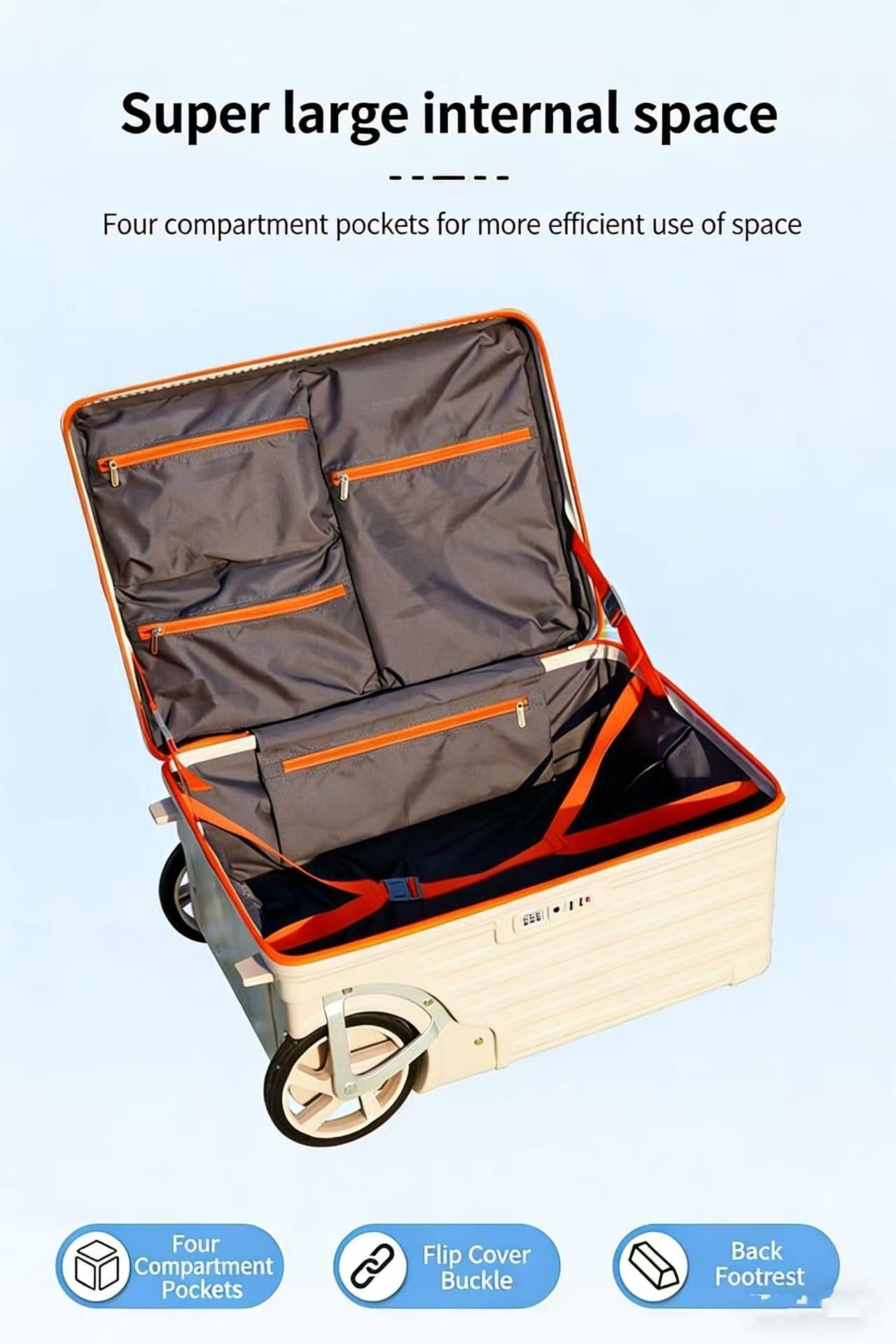 PC Material Large Wheel Luggage, 20 Inches, 24 Inches, TSA Lock, Folding Cup Holder, Outdoor Travel Luggage With Phone Holder And USB Port, Portable Rolling Luggage
