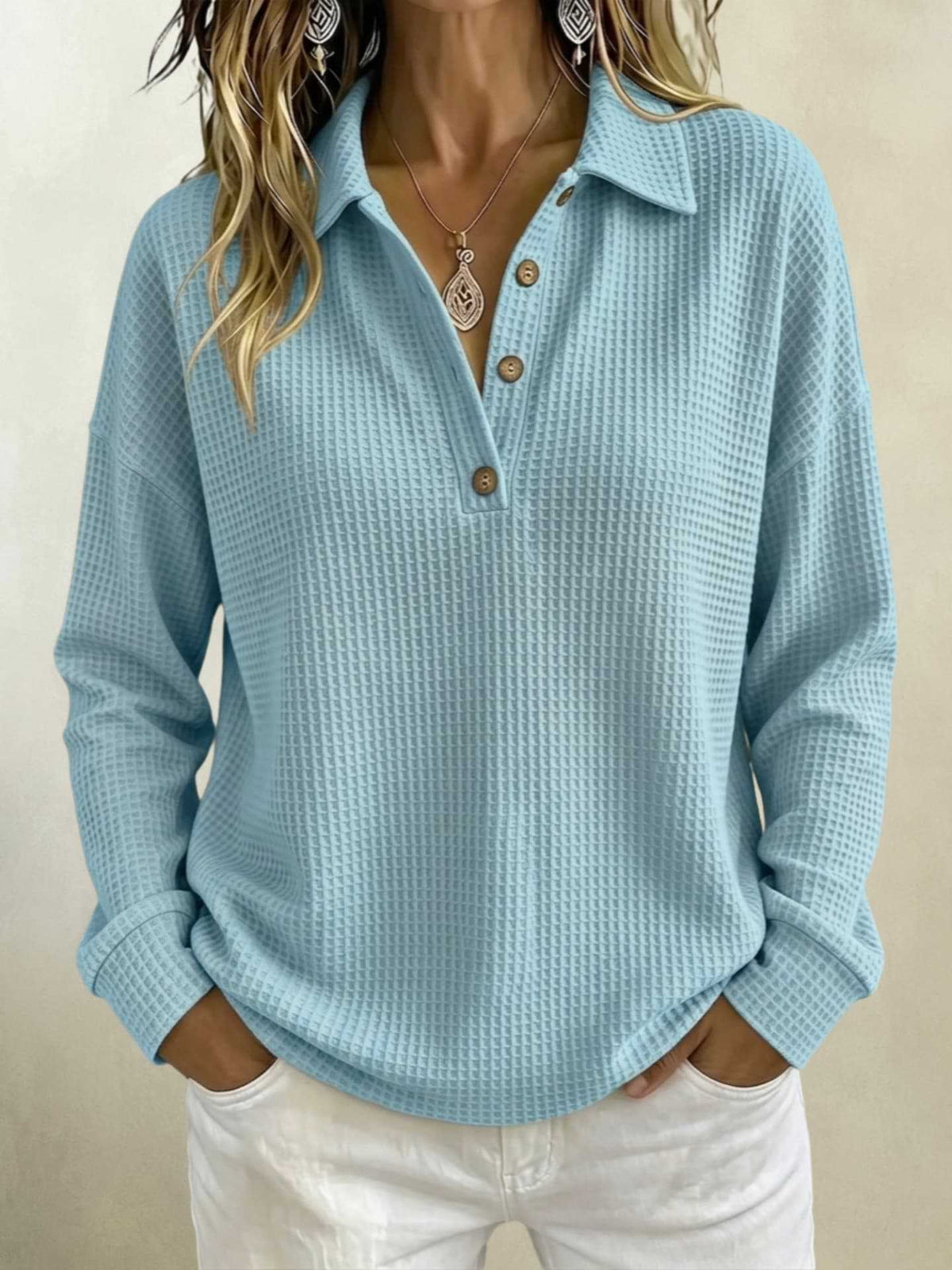 Womens Loose-fitting Long-sleeve Top With A Button-down Collar