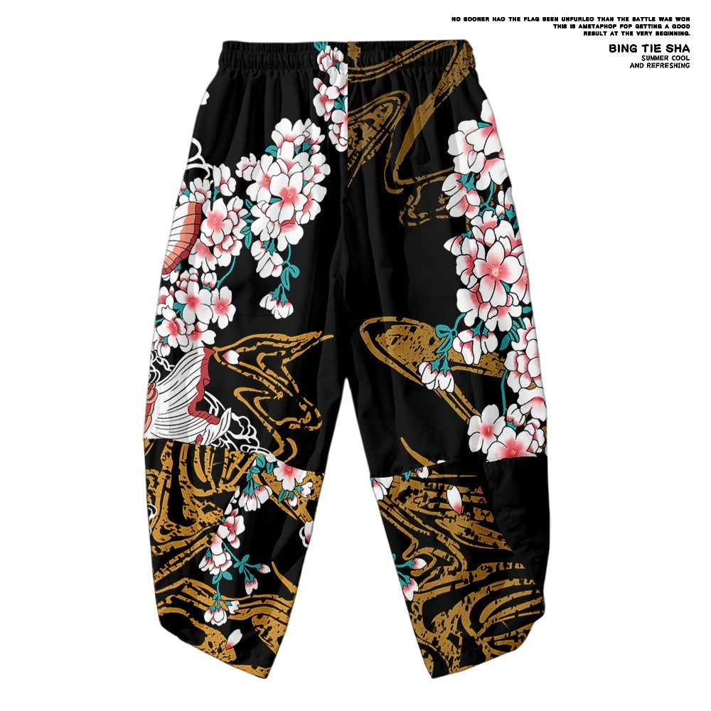 Koi Digital Printing Japanese Harajuku Kimono Robe Cloak Cropped Pants Set