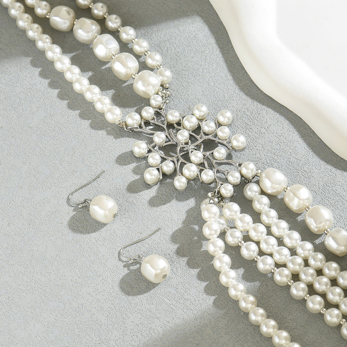 Stylish European American Geometric Women Jewelry Set, Unique Design With Strung Faux Pearls, Versatile Elegant Matching Necklace And Stud Earrings For Daily Wear