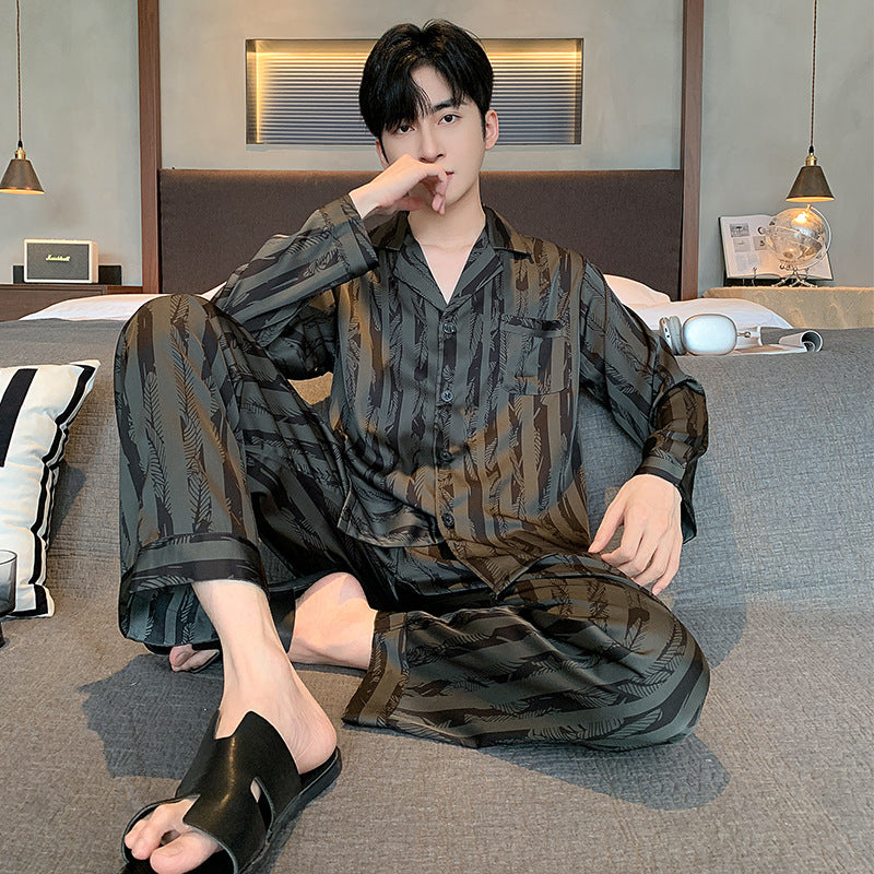 High-grade Ice Silk Men's Pajamas V-neck Thin Trousers Long Sleeve Two-piece Set