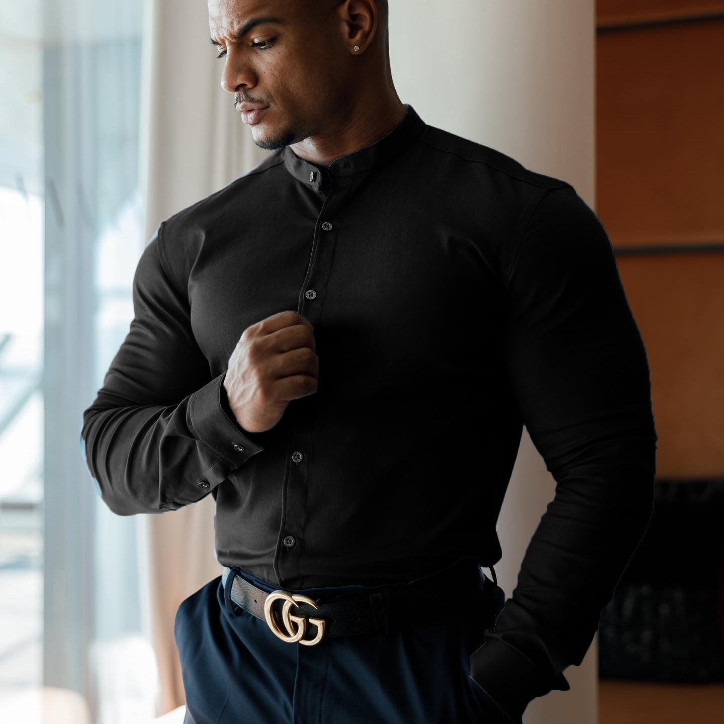 Solid-color Stand-collar Long-sleeve Fitness Sports Shirt