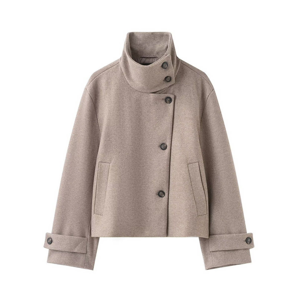 Womens Solid-Color Casual Stand-Collar Jacket With Buttons