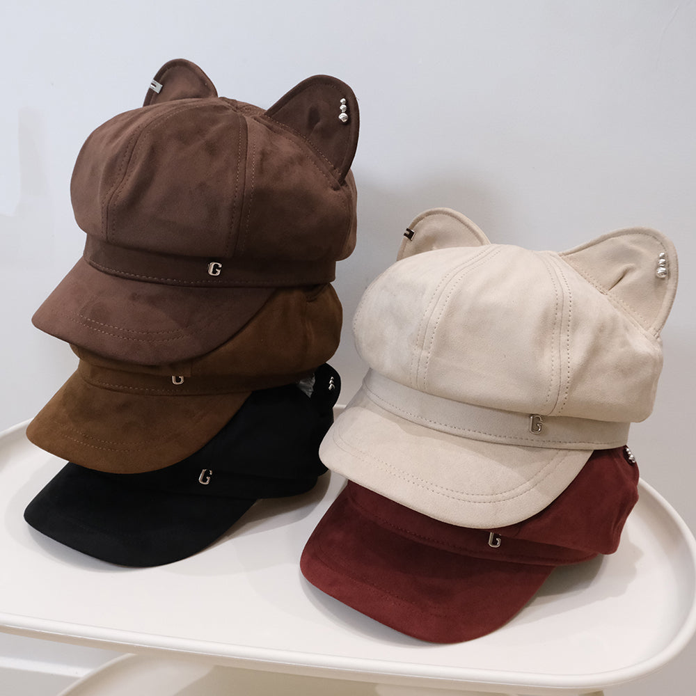 Autumn Winter Cute Cat Ears Octagonal Beret With Solid Color Vintage Style Pin Head Newsboy Hat - A Casual Outfit-Wear Hat With Unique Personality