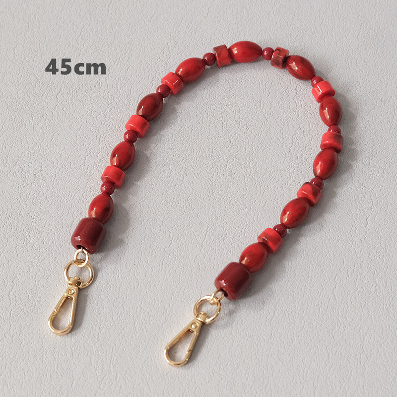 Fashionable Red Beaded Chain Accessory Crossbody Lanyard Bag