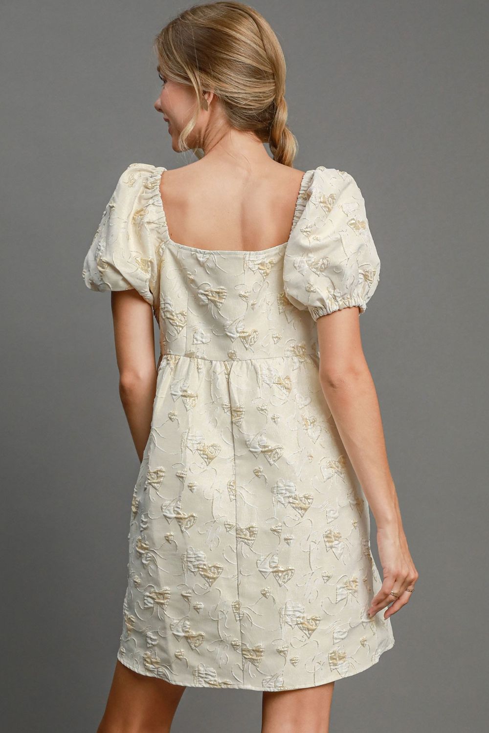 Heart Jacquard Square Neck Puff Sleeve Mini Dress – Romantic Heart Jacquard Dress, Puff Sleeve Dress, Square Neck Mini Dress, Chic Date Night Dress, Elegant Puff Sleeve Dress