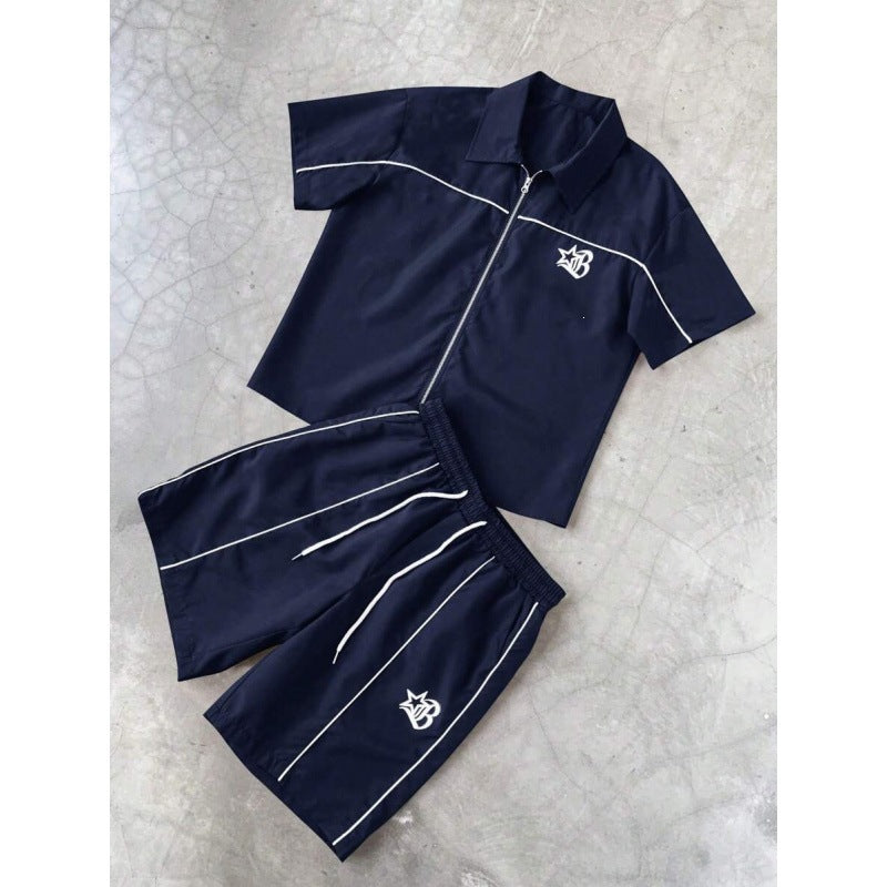 Striped Zip-front Short-sleeve Shirt And Shorts Set