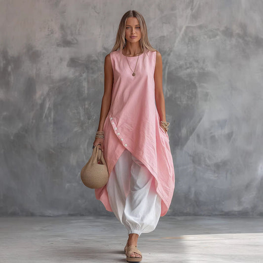 Solid-Color Sleeveless Loose-Fit Dress With Patch Pockets