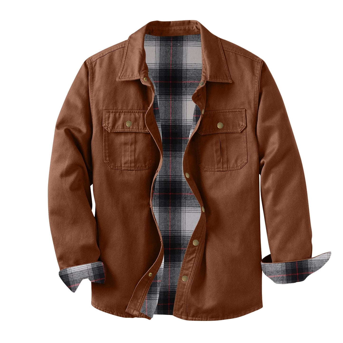 Washed Canvas Work Jacket With A Plaid Lining, Durable And Warm