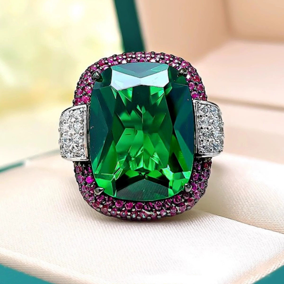 Cushion Emerald & Fuchsia Tone Simulated Zirconia Two Tone Pave Statement Ring Silver Tone Women Party Finger Ornaments