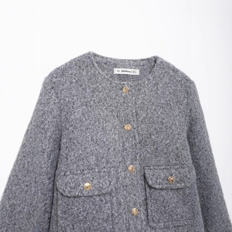 Fashionable Round-neck Pearl Leather Jacket Short-style Outerwear