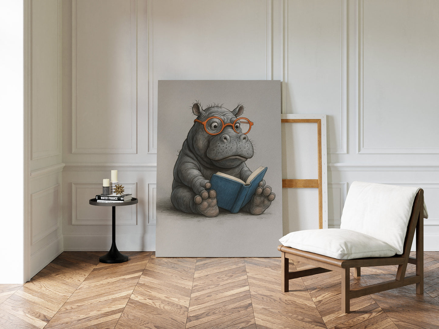 Baby-Nilpferd liest mit Brille