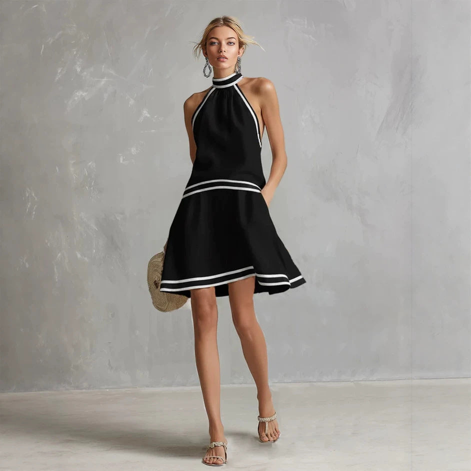 Women's Striped Trim Choker Neck Sleeveless Mini Dress