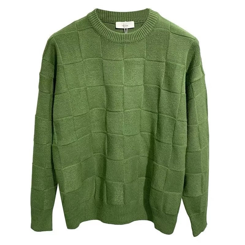 Laid-back Solid-color Checkerboard Knit Sweater